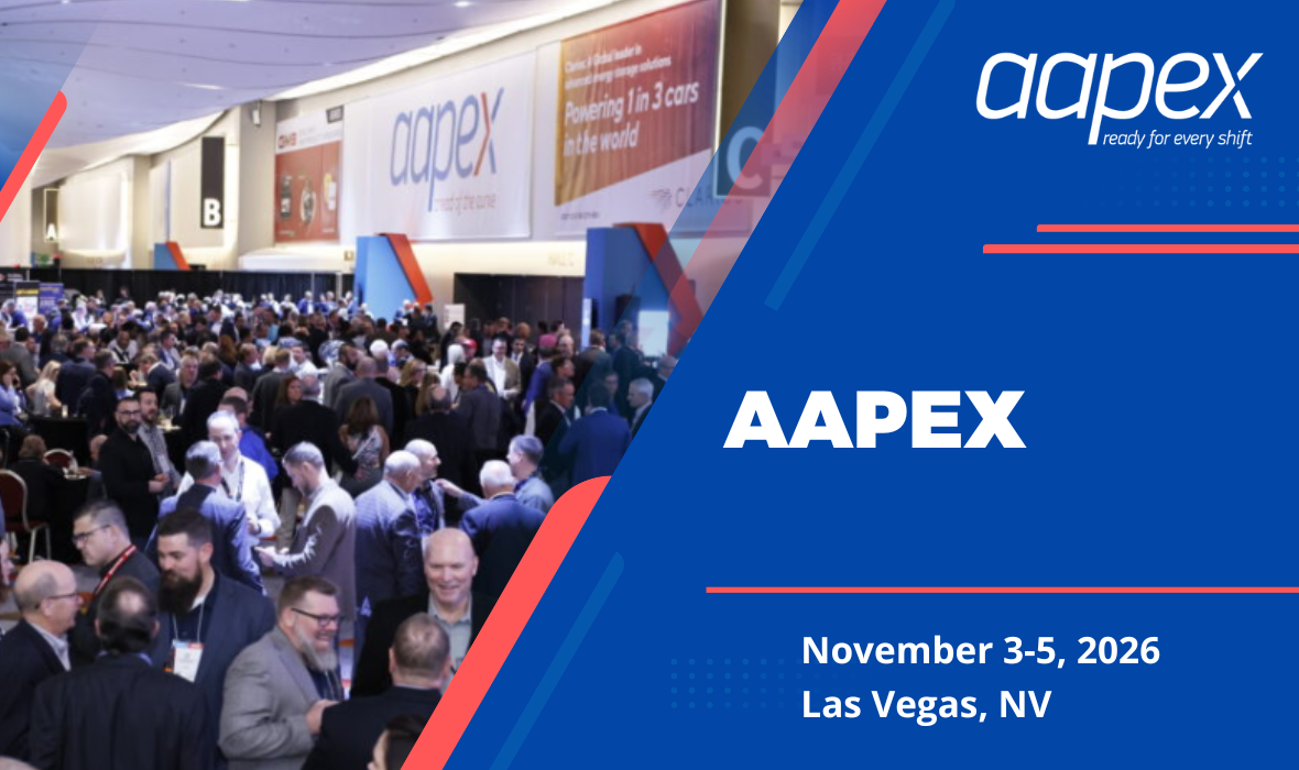 AAPEX automotive trade show, November 3–5, 2026, in Las Vegas, Nevada, featuring a large exhibition crowd.