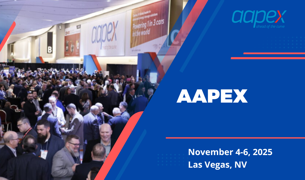 Large crowd of automotive industry professionals networking inside a convention center at AAPEX, with banners and signage visible. Overlay text reads ‘AAPEX, November 4–6, 2025, Las Vegas, NV’ with the AAPEX logo.