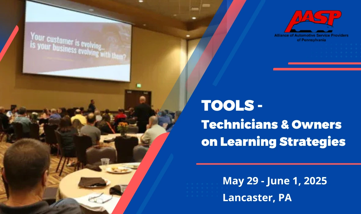 Automotive professionals gather at the annual TOOLS conference and trade show by AASP-PA, featuring workshops, keynote speakers, a trade show, and networking opportunities. Attendees, including technicians, shop owners, and service advisors, connect, learn about the latest industry tools and practices, and engage in family-friendly activities.