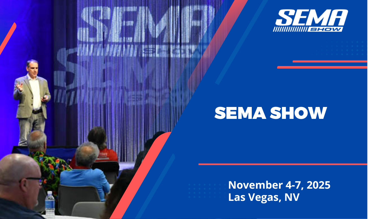 Speaker presenting on stage at the SEMA Show with audience members seated in front, event signage projected behind. Overlay text reads ‘SEMA Show, November 4–7, 2025, Las Vegas, NV’ with the SEMA logo.